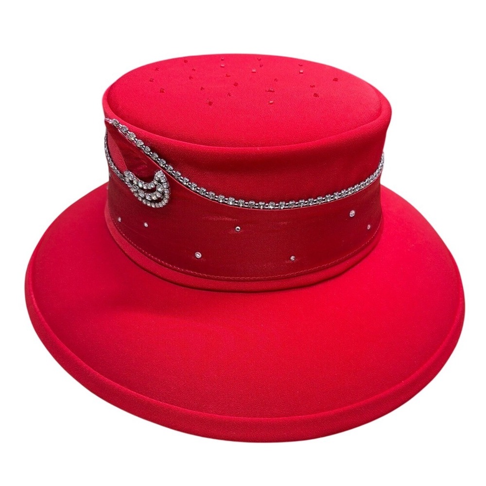 Fifth Sunday Exclusive‎ Red Church Hat Rhinestone Embellished Pillbox Dress Hat
